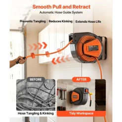 VEVOR Retractable Air Hose Reel, 1/4 Inch x 50 FT Hybrid Air Hose Max 300PSI, Enclosed Air-Compressor Hoses Reel Auto Rewind with 6.6 ft Lead in & Blow Gun, 180° Swivel Ceiling/Wall Mount