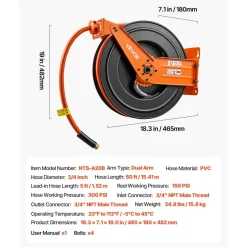 VEVOR Retractable Air Hose Reel, 3/4 Inch x 50 FT PVC Air Hose Max 300PSI, Auto Rewind Air-Compressor Hoses Reel with 5 ft Lead in, Ceiling/Wall Mount Heavy Duty Steel Double Arm