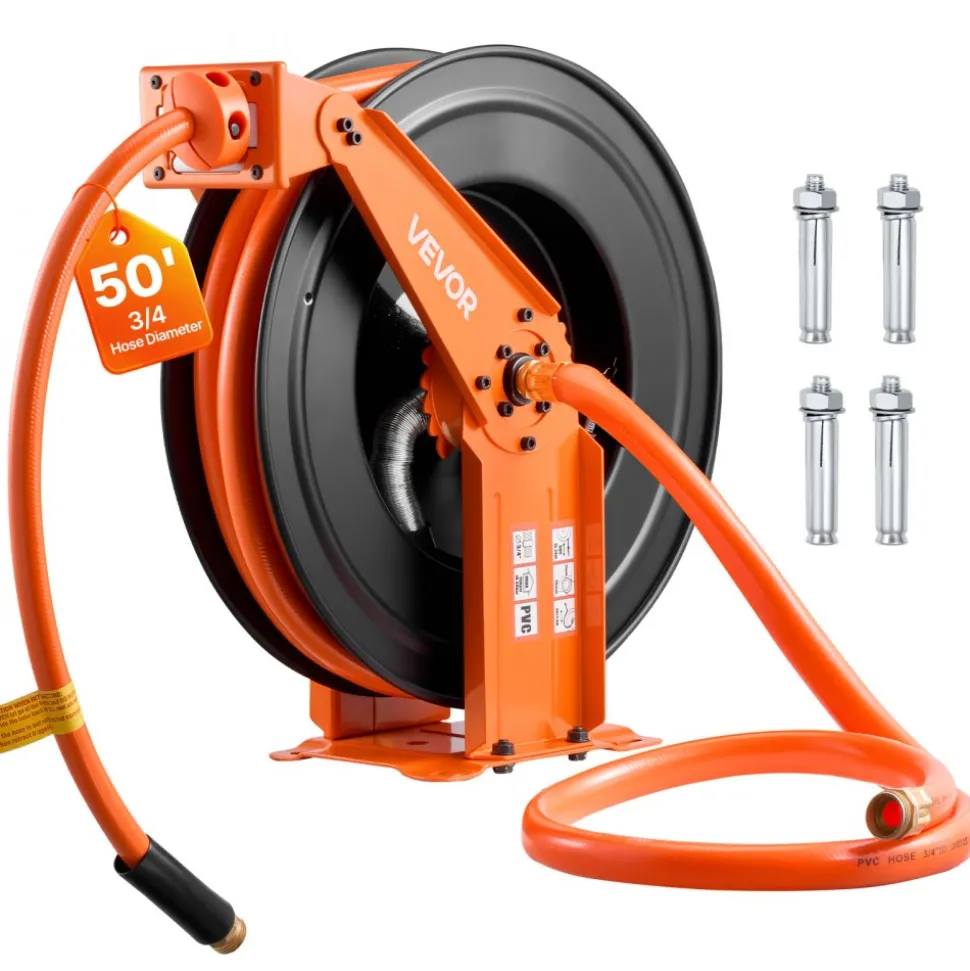 VEVOR Retractable Air Hose Reel, 3/4 Inch x 50 FT PVC Air Hose Max 300PSI, Auto Rewind Air-Compressor Hoses Reel with 5 ft Lead in, Ceiling/Wall Mount Heavy Duty Steel Double Arm