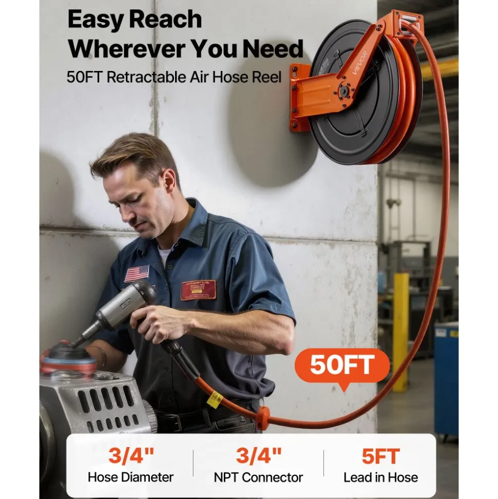 VEVOR Retractable Air Hose Reel, 3/4 Inch x 50 FT PVC Air Hose Max 300PSI, Auto Rewind Air-Compressor Hoses Reel with 5 ft Lead in, Ceiling/Wall Mount Heavy Duty Steel Double Arm