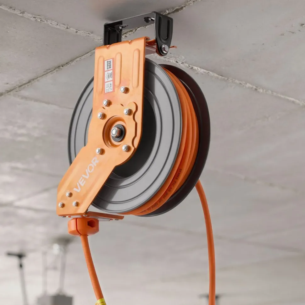 VEVOR Retractable Air Hose Reel, 3/8 Inch x 50 FT Hybrid Air Hose Max 300PSI, Auto Rewind Air-Compressor Hoses Reel with 5 ft Lead in, 180° Swivel Ceiling/Wall Mount for Garage Workshops