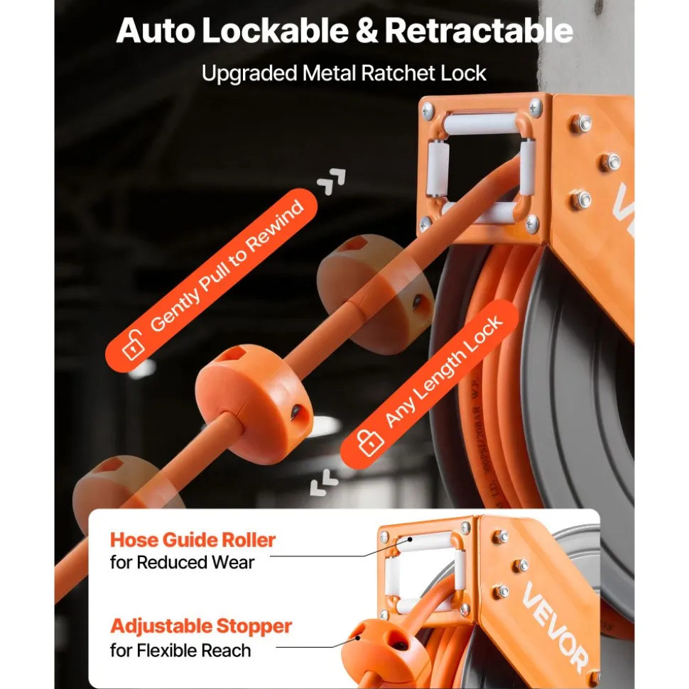 VEVOR Retractable Air Hose Reel, 3/8 Inch x 50 FT Hybrid Air Hose Max 300PSI, Auto Rewind Air-Compressor Hoses Reel with 5 ft Lead in, 180° Swivel Ceiling/Wall Mount for Garage Workshops