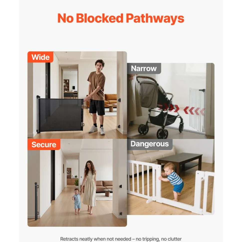 VEVOR Retractable Baby Gate, Extends to 72.8 inch Wide, 31.3 inch Tall, with Security Lock, Easy to Use, Walk Through Without Tripping, Mesh Dog Gate for Stairs, Hallways, Indoor/Outdoor, Black