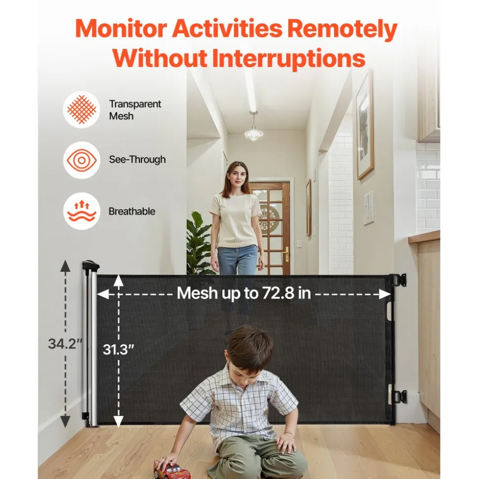 VEVOR Retractable Baby Gate, Extends to 72.8 inch Wide, 31.3 inch Tall, with Security Lock, Easy to Use, Walk Through Without Tripping, Mesh Dog Gate for Stairs, Hallways, Indoor/Outdoor, Black