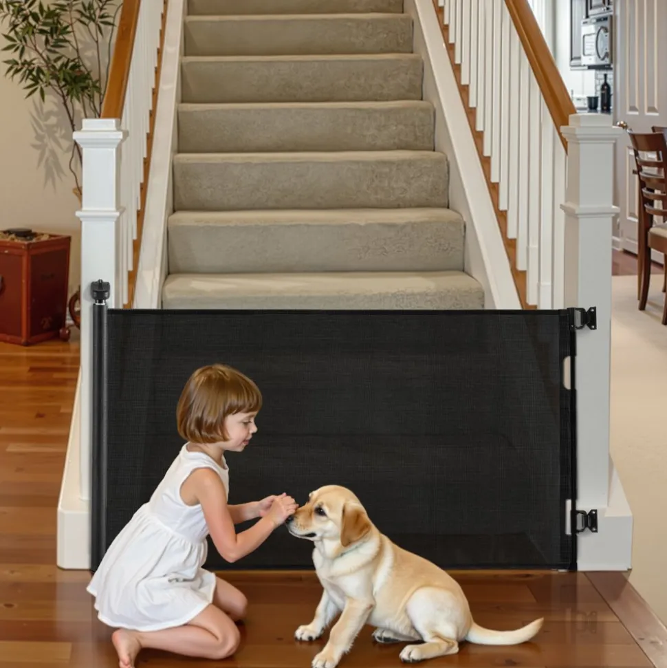 VEVOR Retractable Baby Gate, Extends to 72.8 inch Wide, 31.3 inch Tall, with Security Lock, Easy to Use, Walk Through Without Tripping, Mesh Dog Gate for Stairs, Hallways, Indoor/Outdoor, Black