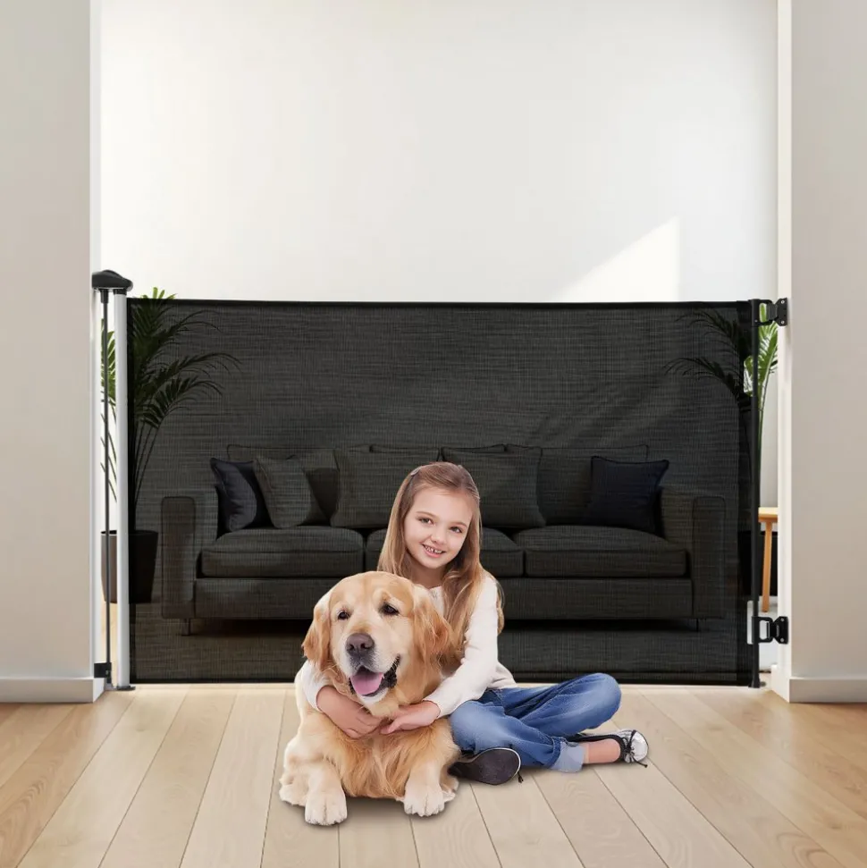 VEVOR Retractable Baby Gate, Extends to 57 inch Wide, 38.5 inch Tall, with Security Lock, Easy to Use, Walk Through Without Tripping, Mesh Dog Gate for Stairs, Hallways, Indoor/Outdoor, Black