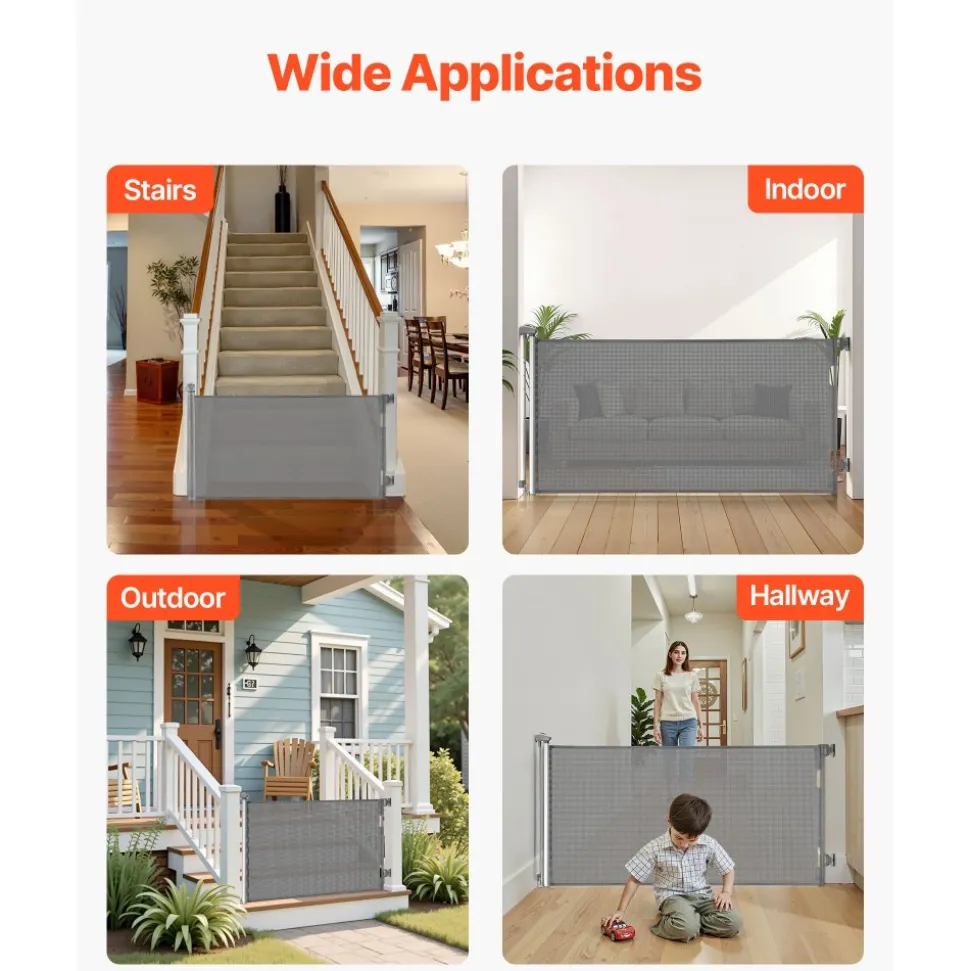 VEVOR Retractable Baby Gate, Extends to 56.3 inch Wide, 31.3 inch Tall, with Security Lock, Easy to Use, Walk Through Without Tripping, Mesh Dog Gate for Stairs, Hallways, Indoor/Outdoor, White