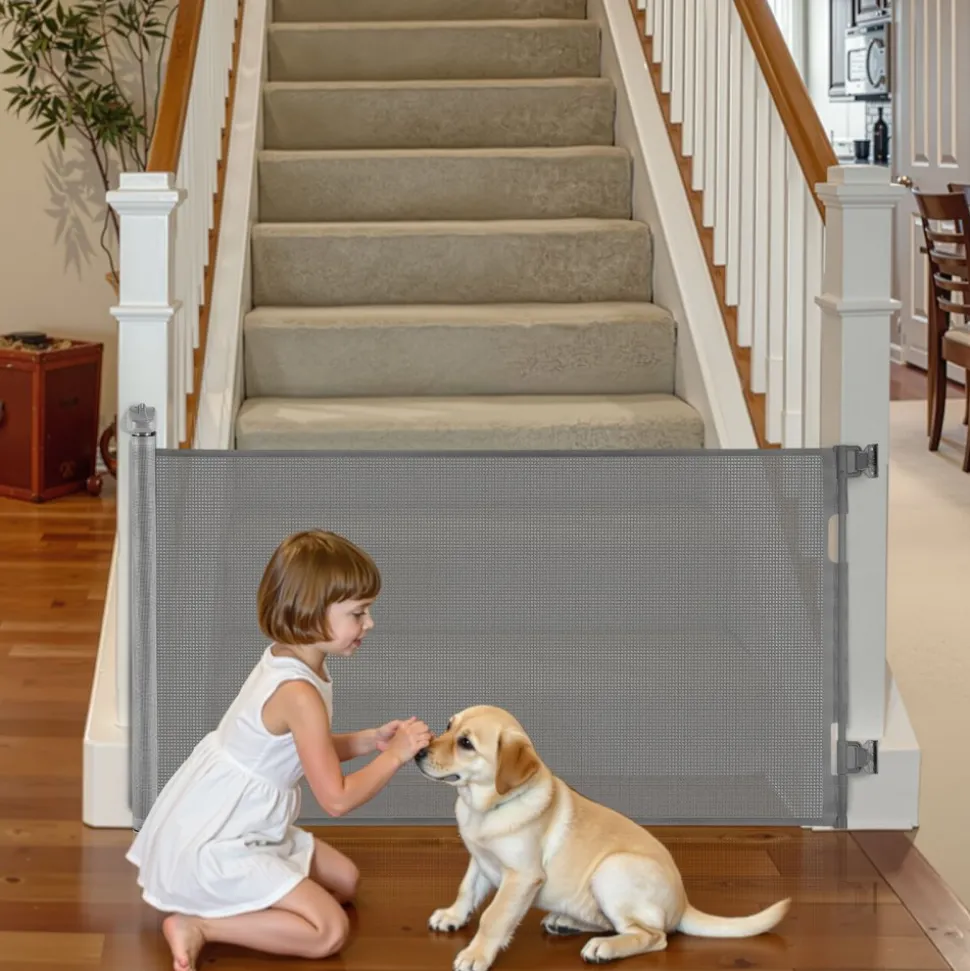 VEVOR Retractable Baby Gate, Extends to 56.3 inch Wide, 31.3 inch Tall, with Security Lock, Easy to Use, Walk Through Without Tripping, Mesh Dog Gate for Stairs, Hallways, Indoor/Outdoor, White