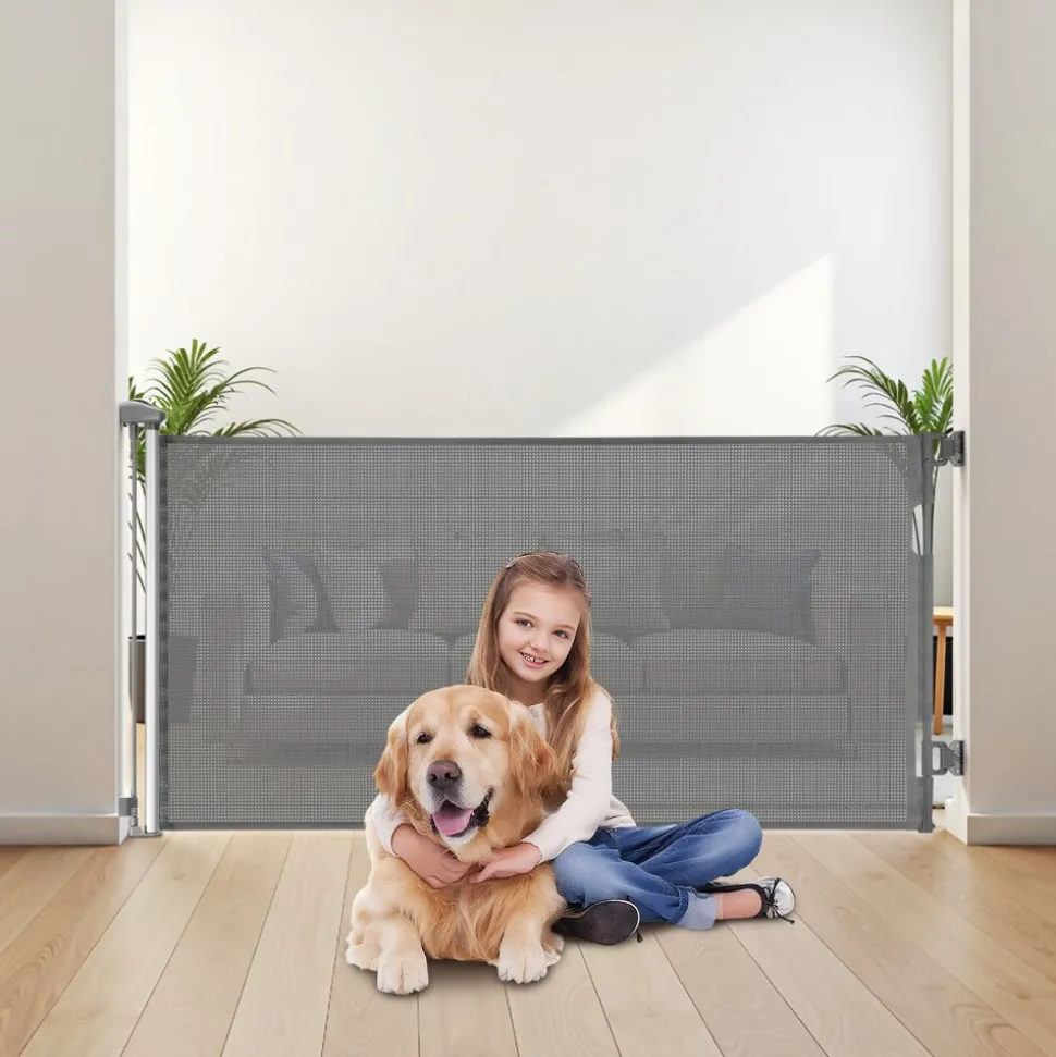 VEVOR Retractable Baby Gate, Extends to 56.3 inch Wide, 31.3 inch Tall, with Security Lock, Easy to Use, Walk Through Without Tripping, Mesh Dog Gate for Stairs, Hallways, Indoor/Outdoor, White