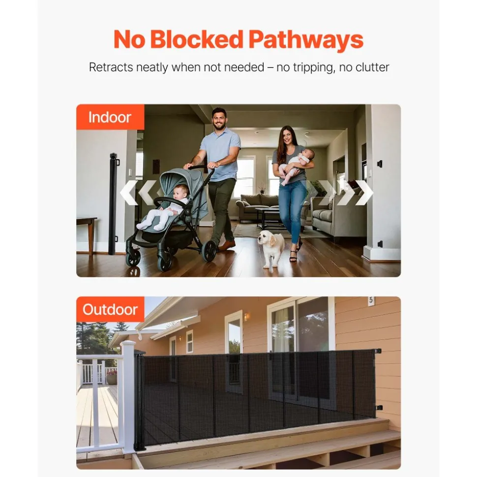 VEVOR Retractable Baby Gate, Extends to 120 inch Extra Wide, 38.5 inch Tall, with Reinforced Fiberglass Strips, Avoids Crawling Through, Mesh Dog Gate for Decks, Doorways, Garages, Indoor, Black