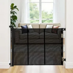 VEVOR Retractable Baby Gate, Extends to 120 inch Extra Wide, 38.5 inch Tall, with Reinforced Fiberglass Strips, Avoids Crawling Through, Mesh Dog Gate for Decks, Doorways, Garages, Indoor, Black