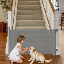 VEVOR Retractable Baby Gate, Extends to 72.8 inch Wide, 31.3 inch Tall, with Security Lock, Easy to Use, Walk Through Without Tripping, Mesh Dog Gate for Stairs, Hallways, Indoor/Outdoor, Gray