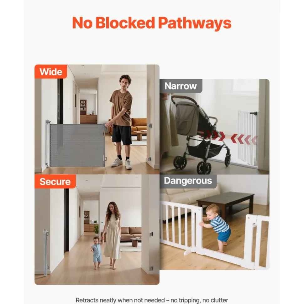 VEVOR Retractable Baby Gate, Extends to 72.8 inch Wide, 31.3 inch Tall, with Security Lock, Easy to Use, Walk Through Without Tripping, Mesh Dog Gate for Stairs, Hallways, Indoor/Outdoor, White