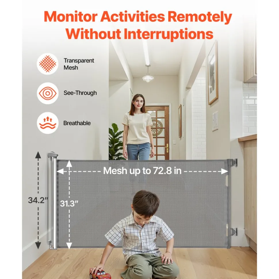 VEVOR Retractable Baby Gate, Extends to 72.8 inch Wide, 31.3 inch Tall, with Security Lock, Easy to Use, Walk Through Without Tripping, Mesh Dog Gate for Stairs, Hallways, Indoor/Outdoor, White