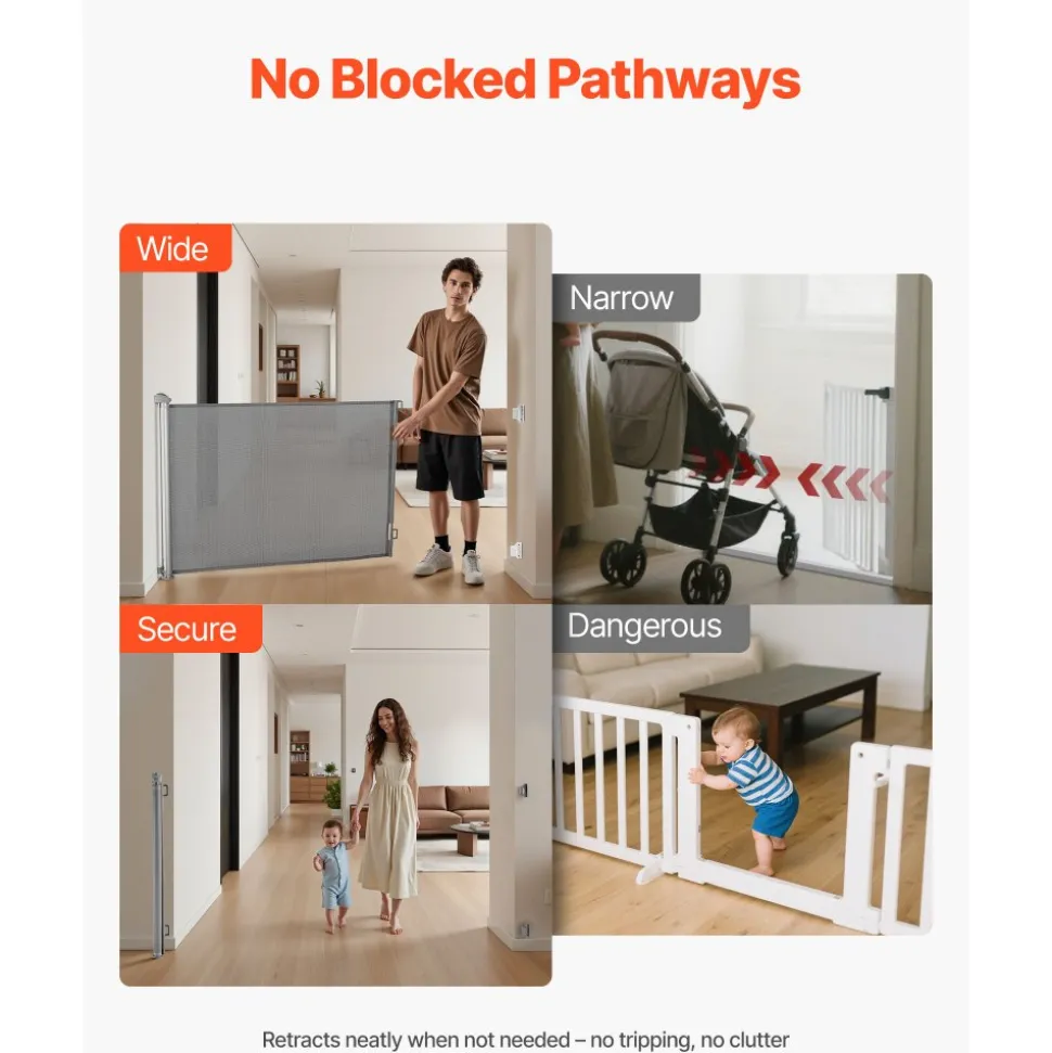 VEVOR Retractable Baby Gate, Extends to 57 inch Wide, 38.5 inch Tall, with Security Lock, Easy to Use, Walk Through Without Tripping, Mesh Dog Gate for Stairs, Hallways, Indoor/Outdoor, Gray