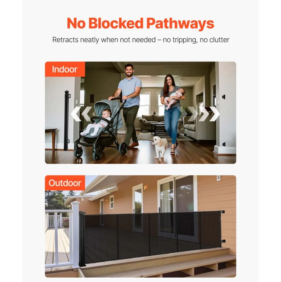 VEVOR Retractable Baby Gate, Extends to 122 inch Extra Wide, 31.3 inch Tall, with Reinforced Fiberglass Strips, Avoids Crawling Through, Mesh Dog Gate for Decks, Doorways, Garages, Indoor, Black