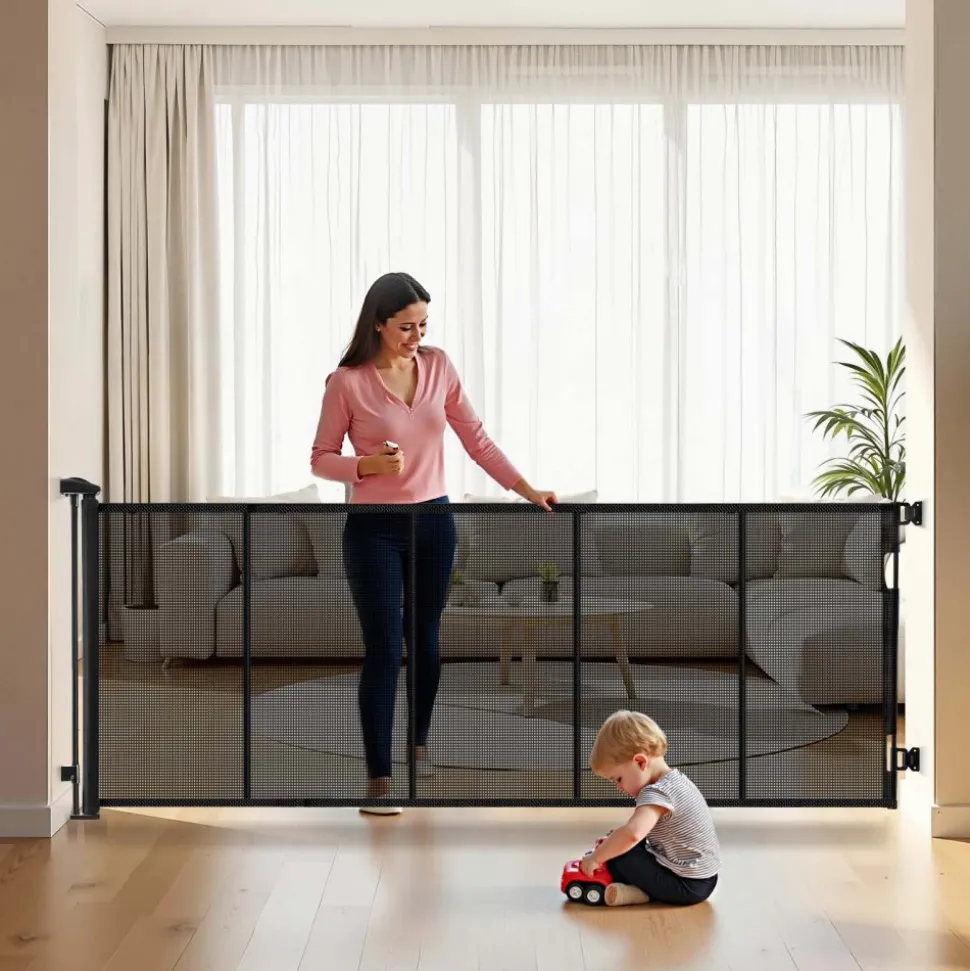 VEVOR Retractable Baby Gate, Extends to 122 inch Extra Wide, 31.3 inch Tall, with Reinforced Fiberglass Strips, Avoids Crawling Through, Mesh Dog Gate for Decks, Doorways, Garages, Indoor, Black