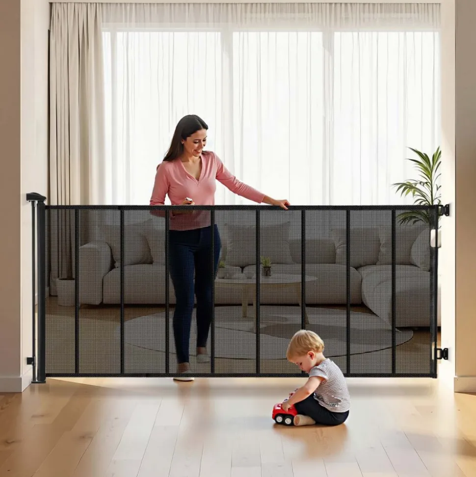 VEVOR Retractable Baby Gate, Extends to 72.8 inch Wide, 38.5 inch Tall, with Security Lock, Easy to Use, Walk Through Without Tripping, Mesh Dog Gate for Stairs, Hallways, Indoor/Outdoor, Black