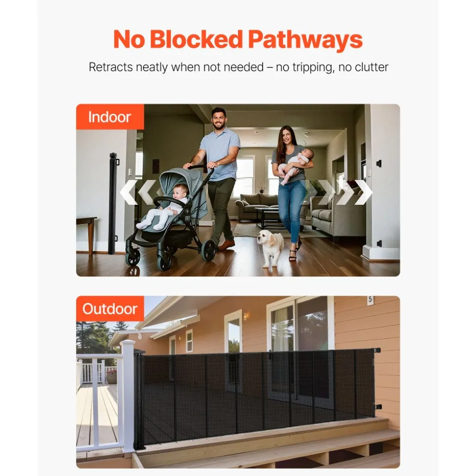 VEVOR Retractable Baby Gate, Extends to 72.8 inch Wide, 38.5 inch Tall, with Security Lock, Easy to Use, Walk Through Without Tripping, Mesh Dog Gate for Stairs, Hallways, Indoor/Outdoor, Black