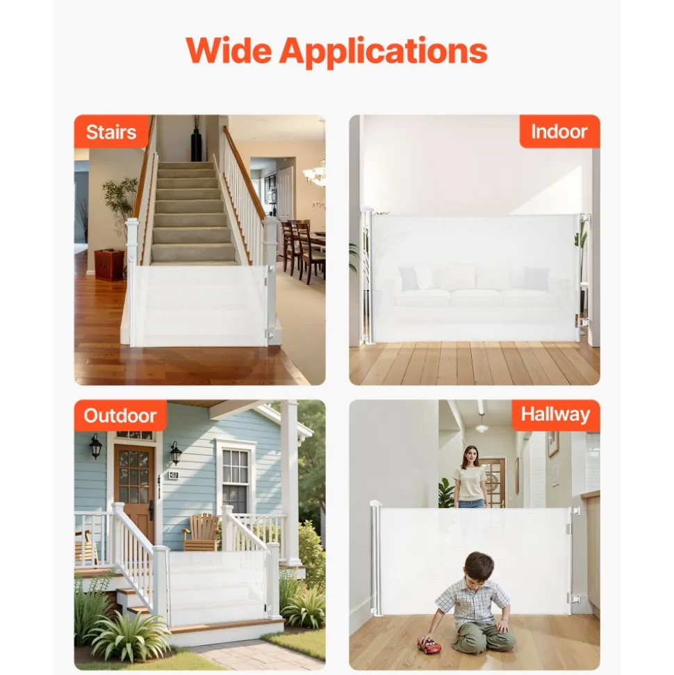 VEVOR Retractable Baby Gate, Extends to 57 inch Wide, 38.5 inch Tall, with Security Lock, Easy to Use, Walk Through Without Tripping, Mesh Dog Gate for Stairs, Hallways, Indoor/Outdoor, White