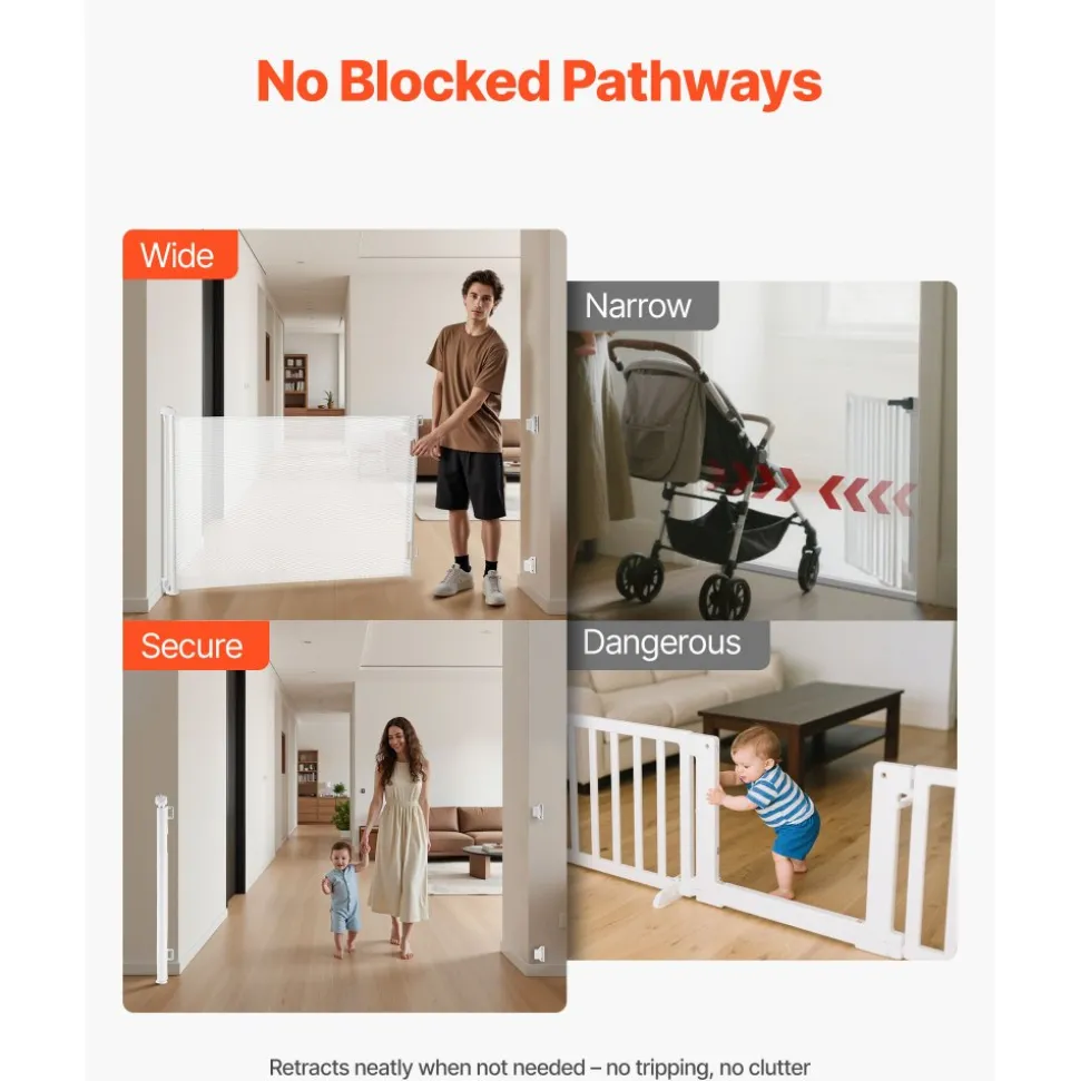 VEVOR Retractable Baby Gate, Extends to 57 inch Wide, 38.5 inch Tall, with Security Lock, Easy to Use, Walk Through Without Tripping, Mesh Dog Gate for Stairs, Hallways, Indoor/Outdoor, White