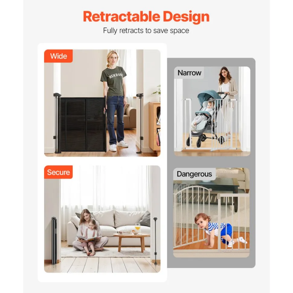 VEVOR Retractable Baby Gate, 34 inch Tall, Extends up to 71 inch Wide, Retractable Gate for Kids or Pets, Mesh Material, Easy to Install for Indoor Stairs, Doorways, Hallways, Playrooms, Black