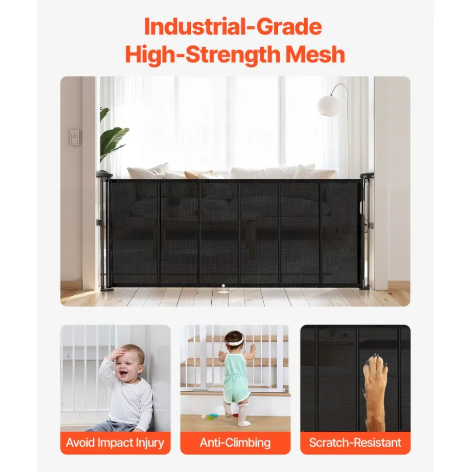 VEVOR Retractable Baby Gate, 34 inch Tall, Extends up to 71 inch Wide, Retractable Gate for Kids or Pets, Mesh Material, Easy to Install for Indoor Stairs, Doorways, Hallways, Playrooms, Black