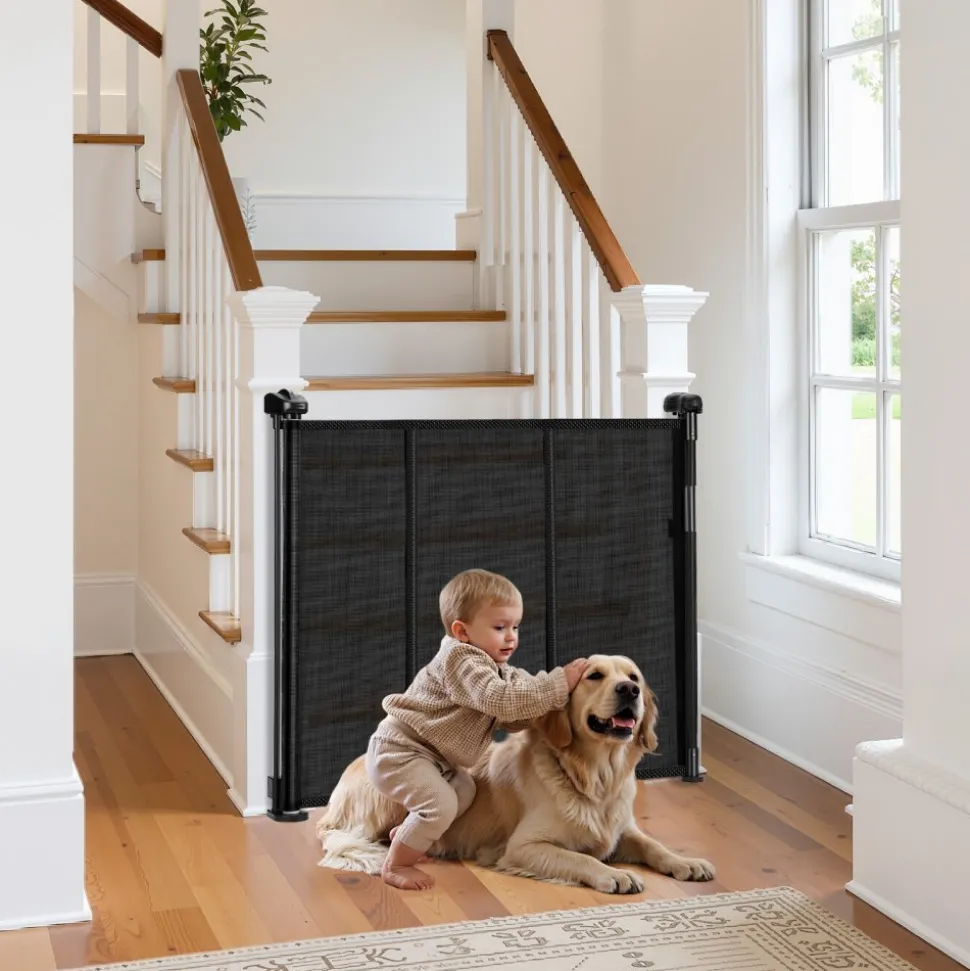 VEVOR Retractable Baby Gate, 34 inch Tall, Extends up to 71 inch Wide, Retractable Gate for Kids or Pets, Mesh Material, Easy to Install for Indoor Stairs, Doorways, Hallways, Playrooms, Black