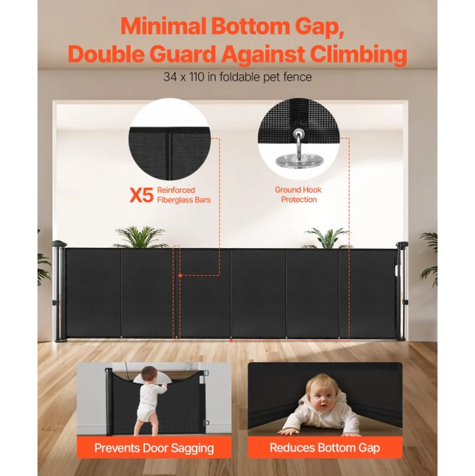 VEVOR Retractable Baby Gate, 34 inch Tall, Extends up to 110 inch Wide, Retractable Gate for Kids or Pets, Mesh Material, Easy to Install for Indoor Stairs, Doorways, Hallways, Playrooms, Black