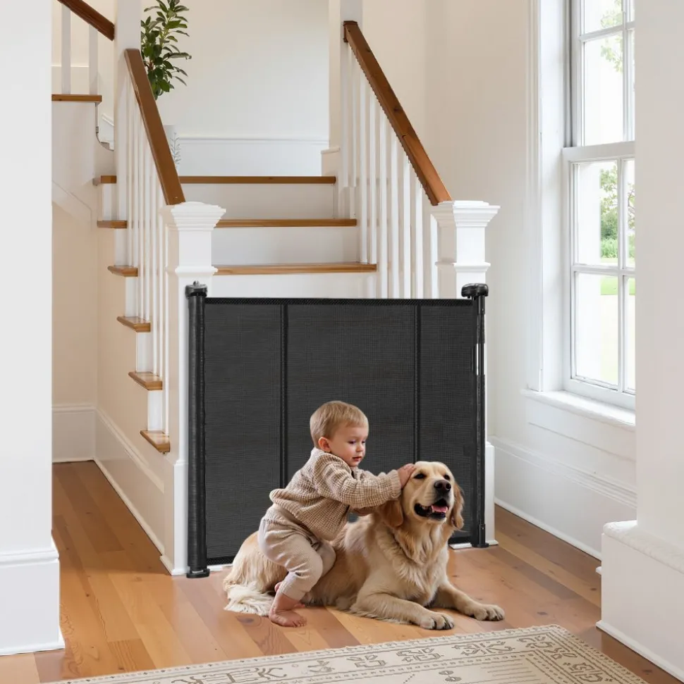 VEVOR Retractable Baby Gate, 34 inch Tall, Extends up to 110 inch Wide, Retractable Gate for Kids or Pets, Mesh Material, Easy to Install for Indoor Stairs, Doorways, Hallways, Playrooms, Black