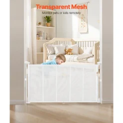 VEVOR Retractable Baby Gate, 34 inch Tall, Extends up to 55 inch Wide, Retractable Gate for Kids or Pets, Mesh Material, Easy to Install for Indoor Stairs, Doorways, Hallways, Playrooms, White