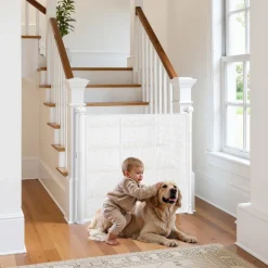 VEVOR Retractable Baby Gate, 34 inch Tall, Extends up to 55 inch Wide, Retractable Gate for Kids or Pets, Mesh Material, Easy to Install for Indoor Stairs, Doorways, Hallways, Playrooms, White