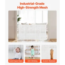 VEVOR Retractable Baby Gate, 34 inch Tall, Extends up to 55 inch Wide, Retractable Gate for Kids or Pets, Mesh Material, Easy to Install for Indoor Stairs, Doorways, Hallways, Playrooms, White