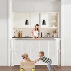 VEVOR Retractable Baby Gate, 34 inch Tall, Extends up to 55 inch Wide, Retractable Gate for Kids or Pets, Mesh Material, Easy to Install for Indoor Stairs, Doorways, Hallways, Playrooms, White