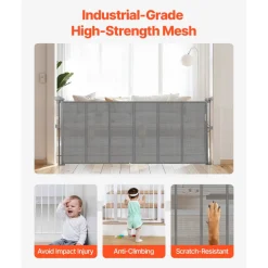 VEVOR Retractable Baby Gate, 34 inch Tall, Extends up to 71 inch Wide, Retractable Gate for Kids or Pets, Mesh Material, Easy to Install for Indoor Stairs, Doorways, Hallways, Playrooms, Gray