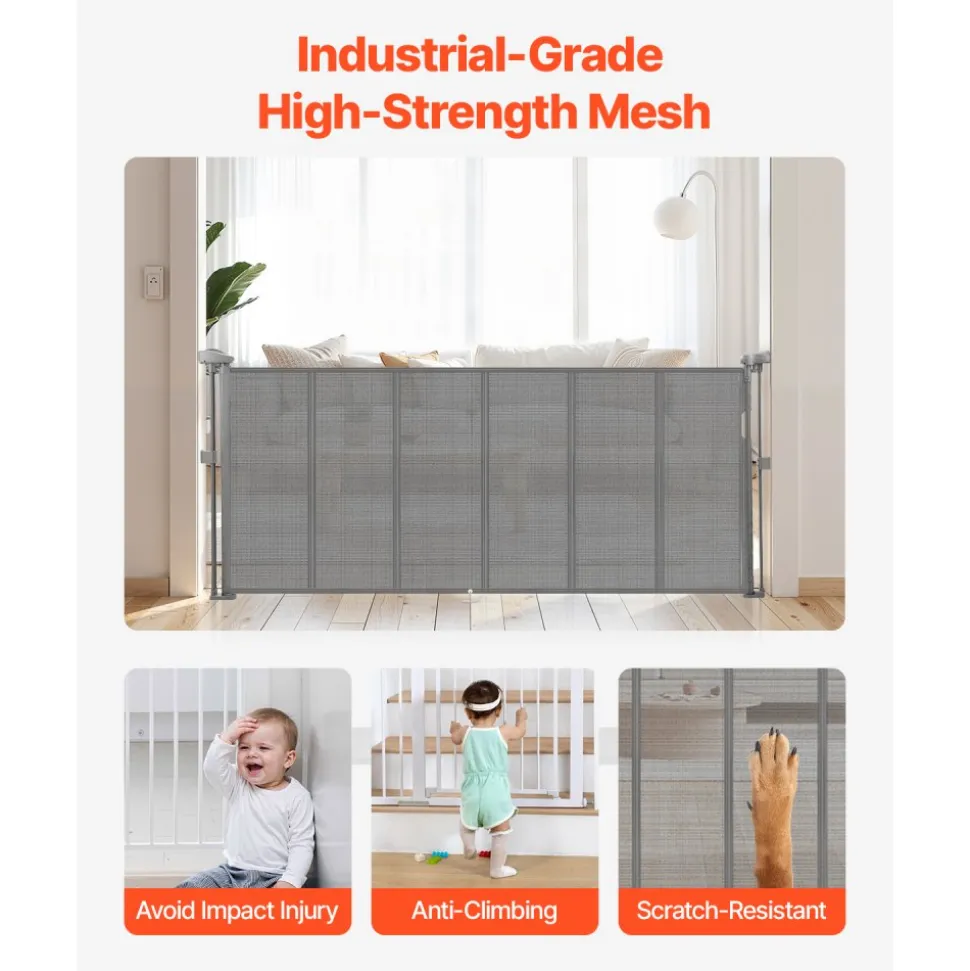 VEVOR Retractable Baby Gate, 34 inch Tall, Extends up to 71 inch Wide, Retractable Gate for Kids or Pets, Mesh Material, Easy to Install for Indoor Stairs, Doorways, Hallways, Playrooms, Gray
