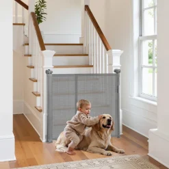 VEVOR Retractable Baby Gate, 34 inch Tall, Extends up to 110 inch Wide, Retractable Gate for Kids or Pets, Mesh Material, Easy to Install for Indoor Stairs, Doorways, Hallways, Playrooms, Gray
