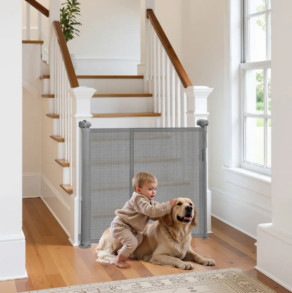 VEVOR Retractable Baby Gate, 34 inch Tall, Extends up to 110 inch Wide, Retractable Gate for Kids or Pets, Mesh Material, Easy to Install for Indoor Stairs, Doorways, Hallways, Playrooms, Gray