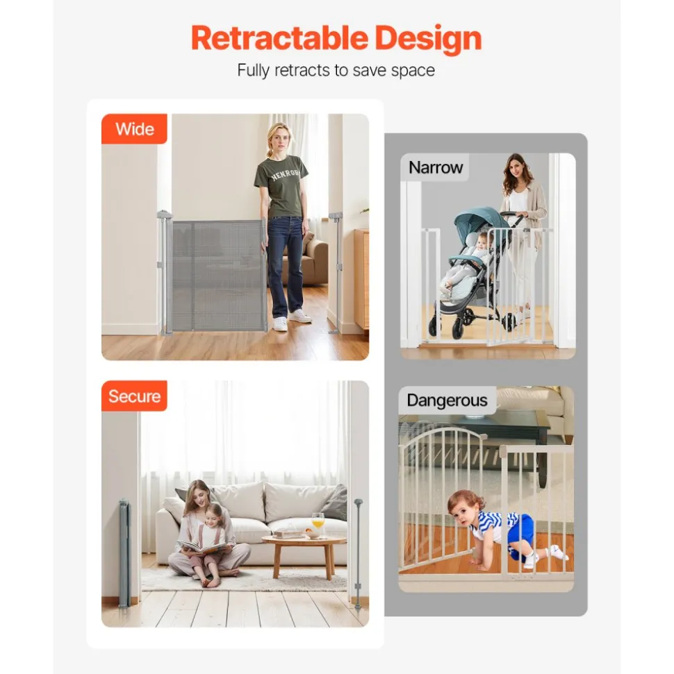 VEVOR Retractable Baby Gate, 34 inch Tall, Extends up to 110 inch Wide, Retractable Gate for Kids or Pets, Mesh Material, Easy to Install for Indoor Stairs, Doorways, Hallways, Playrooms, Gray