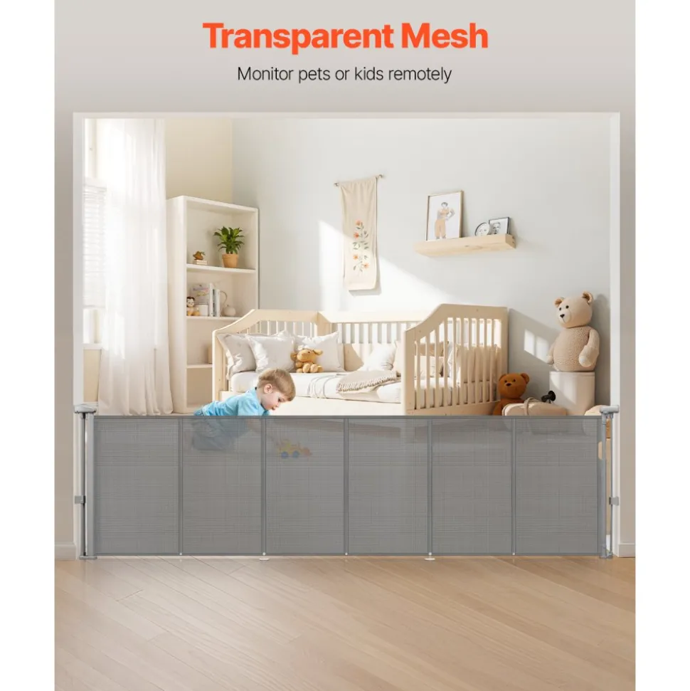VEVOR Retractable Baby Gate, 34 inch Tall, Extends up to 110 inch Wide, Retractable Gate for Kids or Pets, Mesh Material, Easy to Install for Indoor Stairs, Doorways, Hallways, Playrooms, Gray