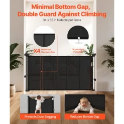 VEVOR Retractable Baby Gate, 34 inch Tall, Extends up to 55 inch Wide, Retractable Gate for Kids or Pets, Mesh Material, Easy to Install for Indoor Stairs, Doorways, Hallways, Playrooms, Black
