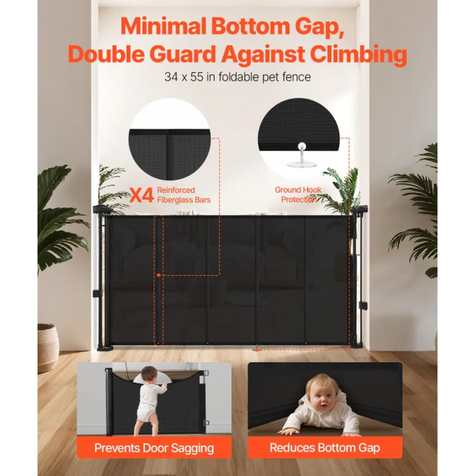 VEVOR Retractable Baby Gate, 34 inch Tall, Extends up to 55 inch Wide, Retractable Gate for Kids or Pets, Mesh Material, Easy to Install for Indoor Stairs, Doorways, Hallways, Playrooms, Black
