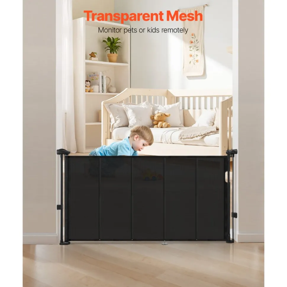 VEVOR Retractable Baby Gate, 34 inch Tall, Extends up to 55 inch Wide, Retractable Gate for Kids or Pets, Mesh Material, Easy to Install for Indoor Stairs, Doorways, Hallways, Playrooms, Black