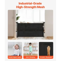 VEVOR Retractable Baby Gate, 34 inch Tall, Extends up to 55 inch Wide, Retractable Gate for Kids or Pets, Mesh Material, Easy to Install for Indoor Stairs, Doorways, Hallways, Playrooms, Black