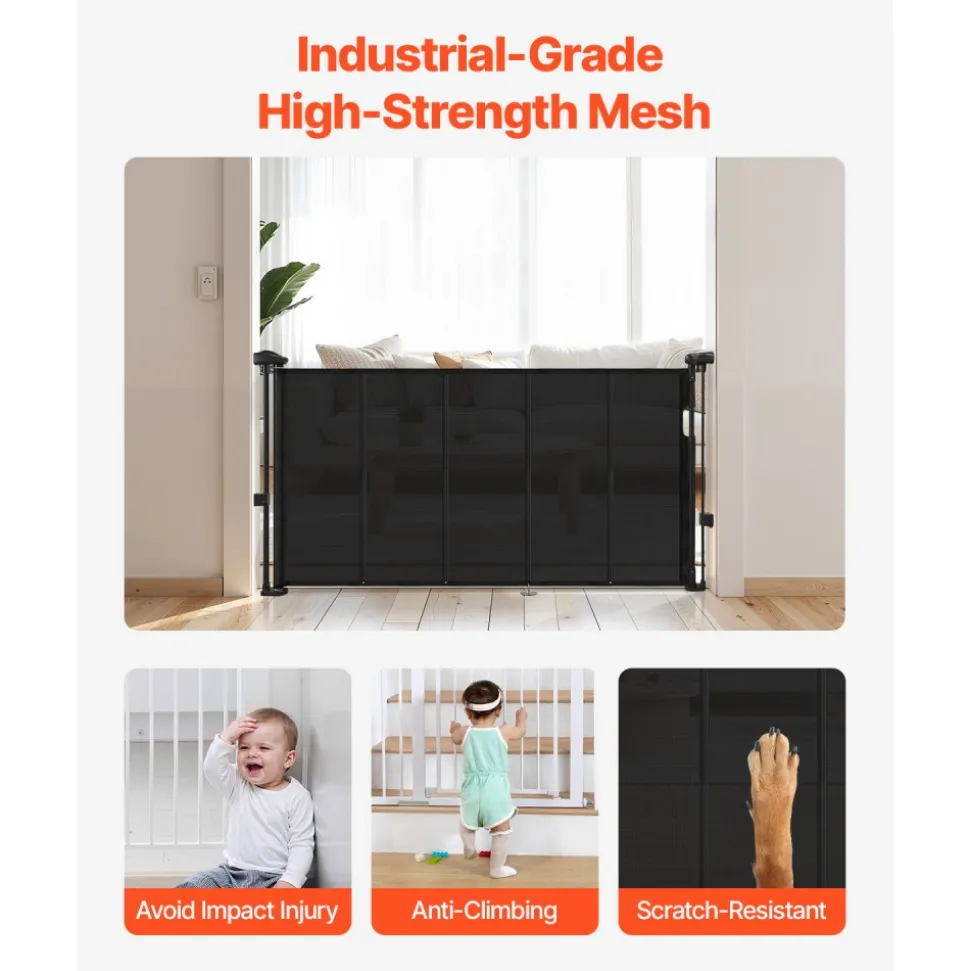 VEVOR Retractable Baby Gate, 34 inch Tall, Extends up to 55 inch Wide, Retractable Gate for Kids or Pets, Mesh Material, Easy to Install for Indoor Stairs, Doorways, Hallways, Playrooms, Black
