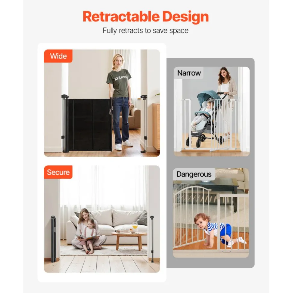 VEVOR Retractable Baby Gate, 34 inch Tall, Extends up to 55 inch Wide, Retractable Gate for Kids or Pets, Mesh Material, Easy to Install for Indoor Stairs, Doorways, Hallways, Playrooms, Black