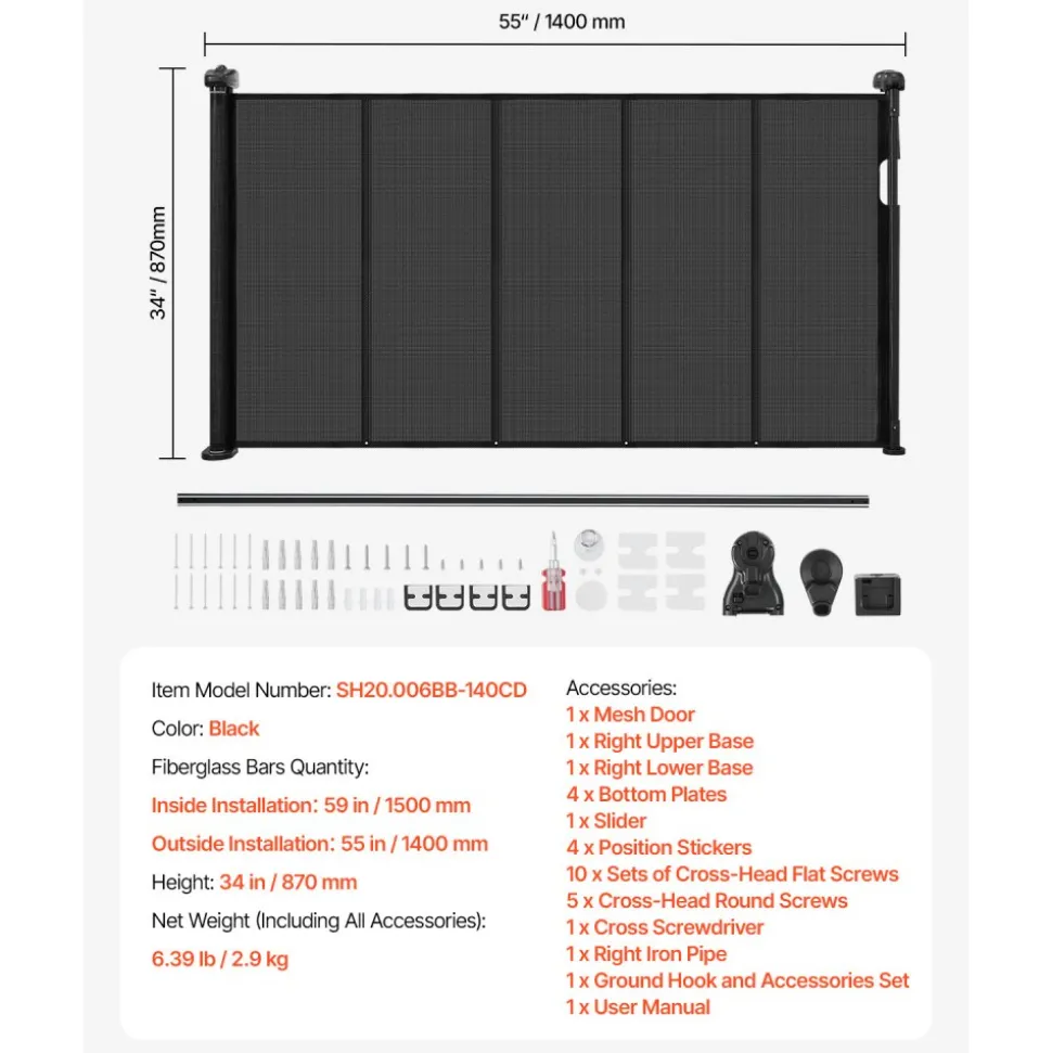 VEVOR Retractable Baby Gate, 34 inch Tall, Extends up to 55 inch Wide, Retractable Gate for Kids or Pets, Mesh Material, Easy to Install for Indoor Stairs, Doorways, Hallways, Playrooms, Black