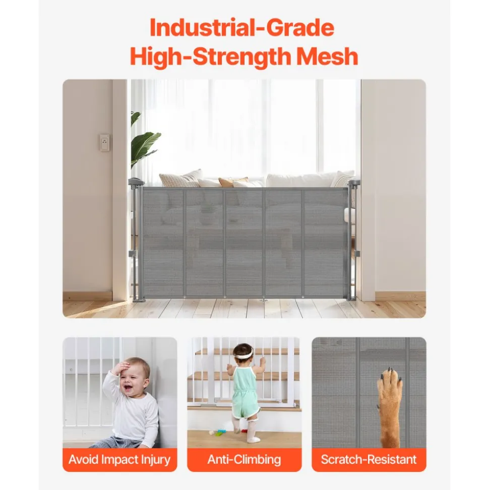 VEVOR Retractable Baby Gate, 34 inch Tall, Extends up to 55 inch Wide, Retractable Gate for Kids or Pets, Mesh Material, Easy to Install for Indoor Stairs, Doorways, Hallways, Playrooms, Gray