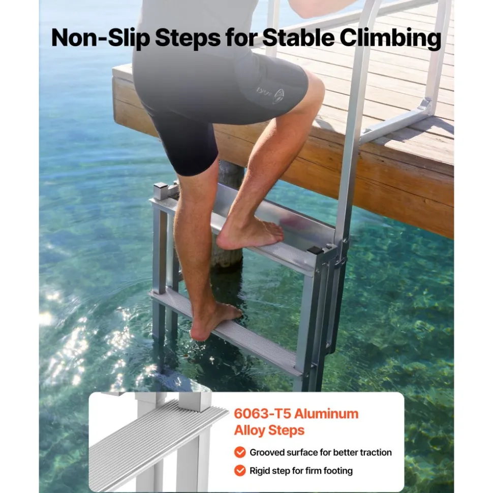 VEVOR Retractable Dock Ladder, 5 Steps, Aluminum Alloy Pontoon Boat Swim Ladder with Auto-Lift Float, Non-Slip Wide Steps, 500 lbs Weight Capacity, Adjustable Height, for Lake Pool Marine Boarding