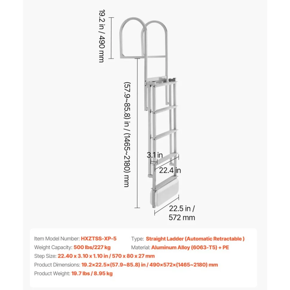 VEVOR Retractable Dock Ladder, 5 Steps, Aluminum Alloy Pontoon Boat Swim Ladder with Auto-Lift Float, Non-Slip Wide Steps, 500 lbs Weight Capacity, Adjustable Height, for Lake Pool Marine Boarding